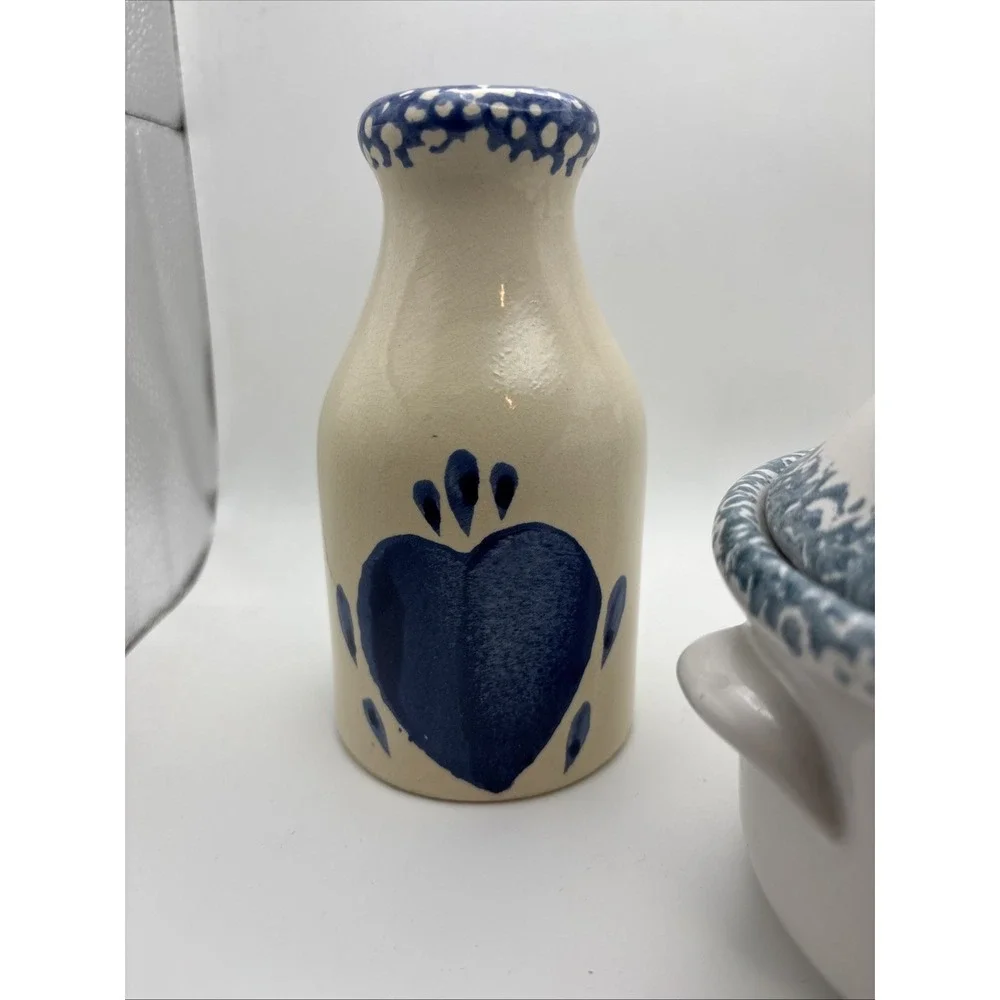 Set Of 3 Blue Sponge Heart Pottery Stoneware Country Vases Milk Jugs Soup‎ Crock